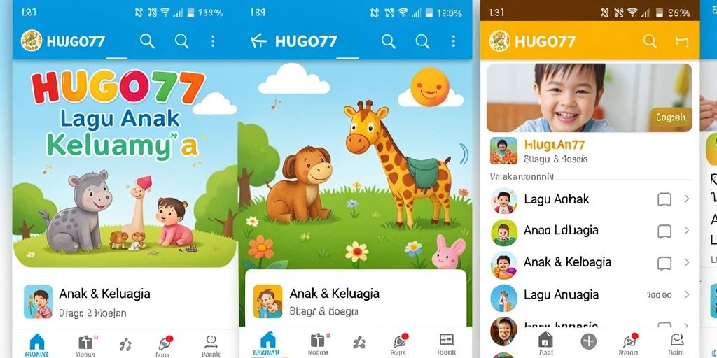 Antarmuka aplikasi HUGO77 menampilkan koleksi lagu anak yang menarik.